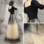 Elegant Black Gradient-Color Champagne Evening Dresses  2020 A-Line / Princess V-Neck Puffy Short Sleeve Sash Glitter Tulle Floor-Length / Long Ruffle Backless Formal Dresses