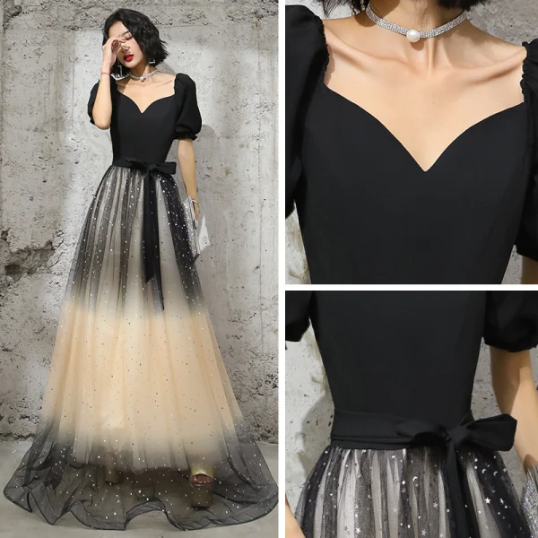 Elegant Black Gradient-Color Champagne Evening Dresses  2020 A-Line / Princess V-Neck Puffy Short Sleeve Sash Glitter Tulle Floor-Length / Long Ruffle Backless Formal Dresses