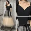 Elegant Black Gradient-Color Champagne Evening Dresses  2020 A-Line / Princess V-Neck Puffy Short Sleeve Sash Glitter Tulle Floor-Length / Long Ruffle Backless Formal Dresses