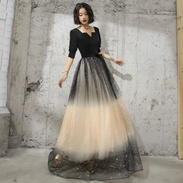 Chic Beautiful Black Gradient Color Champagne Evening Dresses 2020 A Line Princess Square Neckline Puffy 1 2 Sleeves Sash Glitter Tulle Floor Length Long Backless Formal Dresses