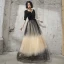 Chic / Beautiful Black Gradient-Color Champagne Evening Dresses  2020 A-Line / Princess Square Neckline Puffy 1/2 Sleeves Sash Glitter Tulle Floor-Length / Long Backless Formal Dresses