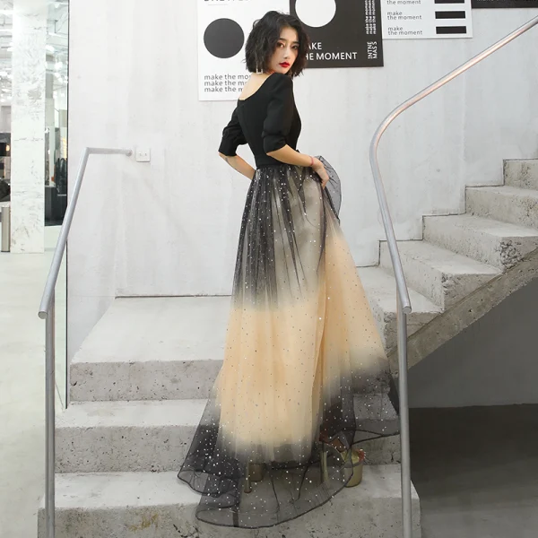 Chic / Beautiful Black Gradient-Color Champagne Evening Dresses 2020 A-Line / Princess Square Neckline Puffy 1/2 Sleeves Sash Glitter Tulle Floor-Length / Long Backless Formal Dresses