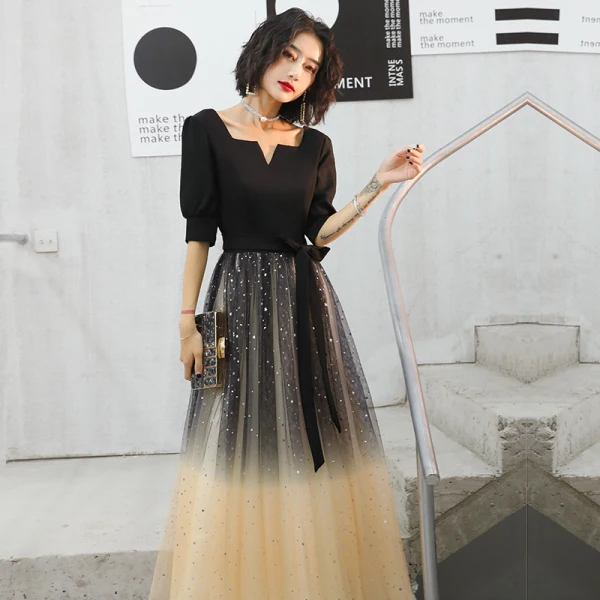 Chic / Beautiful Black Gradient-Color Champagne Evening Dresses 2020 A-Line / Princess Square Neckline Puffy 1/2 Sleeves Sash Glitter Tulle Floor-Length / Long Backless Formal Dresses