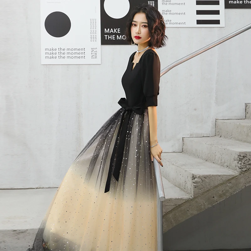 white christmas dresses Shiny Champagne Tulle Long Prom Dresses with Black Top, Fluffy Long Ch main image 0