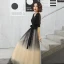 Chic / Beautiful Black Gradient-Color Champagne Evening Dresses  2020 A-Line / Princess Square Neckline Puffy 1/2 Sleeves Sash Glitter Tulle Floor-Length / Long Backless Formal Dresses