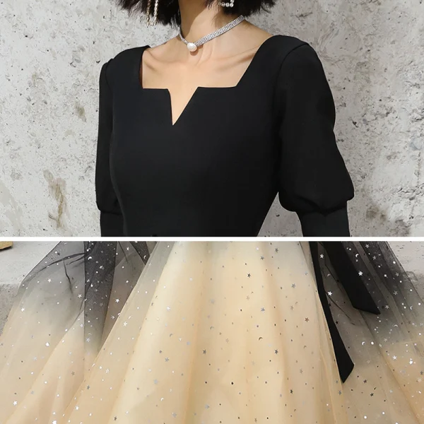 Chic / Beautiful Black Gradient-Color Champagne Evening Dresses 2020 A-Line / Princess Square Neckline Puffy 1/2 Sleeves Sash Glitter Tulle Floor-Length / Long Backless Formal Dresses