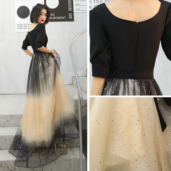 Chic / Beautiful Black Gradient-Color Champagne Evening Dresses 2020 A-Line / Princess Square Neckline Puffy 1/2 Sleeves Sash Glitter Tulle Floor-Length / Long Backless Formal Dresses