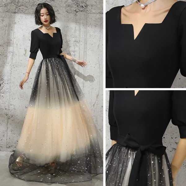 Chic / Beautiful Black Gradient-Color Champagne Evening Dresses 2020 A-Line / Princess Square Neckline Puffy 1/2 Sleeves Sash Glitter Tulle Floor-Length / Long Backless Formal Dresses