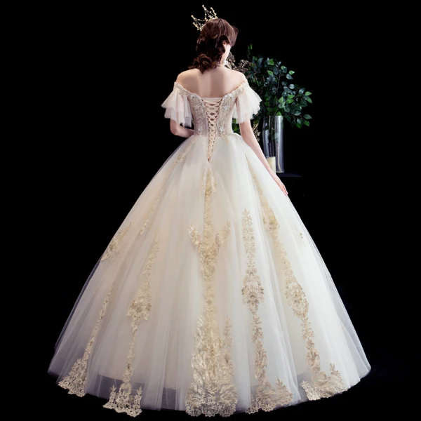 Best Champagne Outdoor / Garden Wedding Dresses 2020 Ball Gown Off-The-Shoulder Short Sleeve Backless Appliques Lace Beading Floor-Length / Long Ruffle