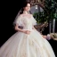 Best Champagne Outdoor / Garden Wedding Dresses 2020 Ball Gown Off-The-Shoulder Short Sleeve Backless Appliques Lace Beading Floor-Length / Long Ruffle