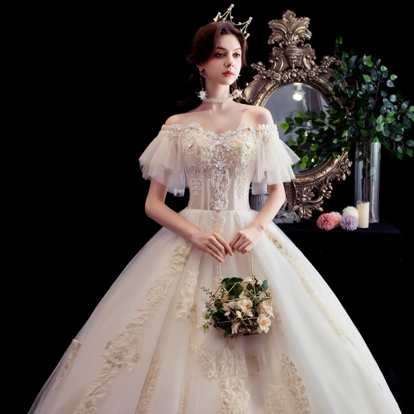 Best Champagne Outdoor / Garden Wedding Dresses 2020 Ball Gown Off-The-Shoulder Short Sleeve Backless Appliques Lace Beading Floor-Length / Long Ruffle