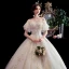 Best Champagne Outdoor / Garden Wedding Dresses 2020 Ball Gown Off-The-Shoulder Short Sleeve Backless Appliques Lace Beading Floor-Length / Long Ruffle