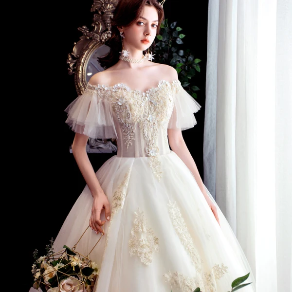 Best Champagne Outdoor / Garden Wedding Dresses 2020 Ball Gown Off-The-Shoulder Short Sleeve Backless Appliques Lace Beading Floor-Length / Long Ruffle