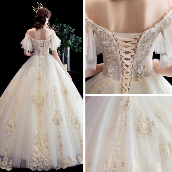 Best Champagne Outdoor / Garden Wedding Dresses 2020 Ball Gown Off-The-Shoulder Short Sleeve Backless Appliques Lace Beading Floor-Length / Long Ruffle