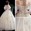 Best Champagne Outdoor / Garden Wedding Dresses 2020 Ball Gown Off-The-Shoulder Short Sleeve Backless Appliques Lace Beading Floor-Length / Long Ruffle