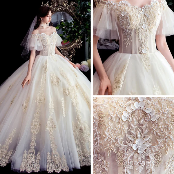 Best Champagne Outdoor / Garden Wedding Dresses 2020 Ball Gown Off-The-Shoulder Short Sleeve Backless Appliques Lace Beading Floor-Length / Long Ruffle