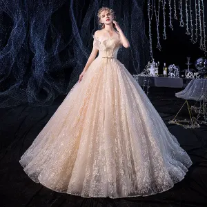 Luxe Champagne Robe De Mariée 2020 Princesse De L 039 Épaule Manches Courtes Dos Nu Noeud Ceinture Glitter Tulle Perlage Tribunal Train Volants