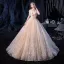 Luxury / Gorgeous Champagne Wedding Dresses 2020 A-Line / Princess Off-The-Shoulder Short Sleeve Backless Bow Sash Glitter Tulle Beading Court Train Ruffle