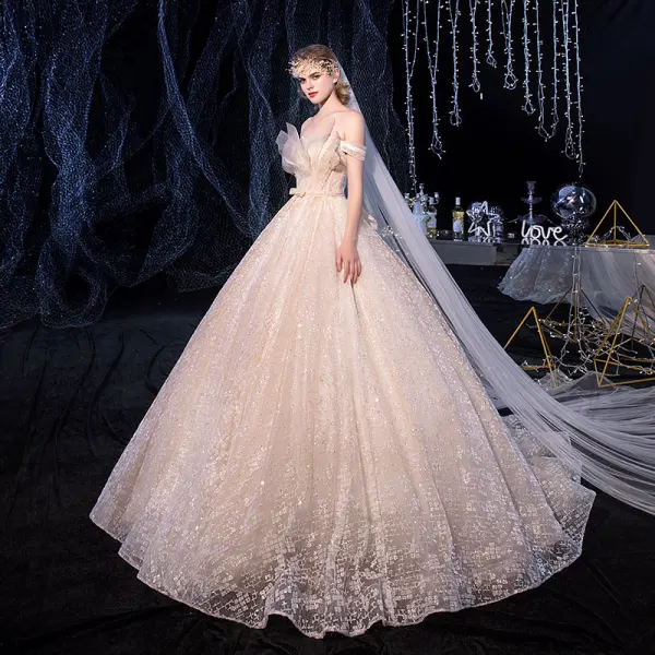 Luxury / Gorgeous Champagne Wedding Dresses 2020 A-Line / Princess Off-The-Shoulder Short Sleeve Backless Bow Sash Glitter Tulle Beading Court Train Ruffle