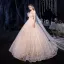 Luxury / Gorgeous Champagne Wedding Dresses 2020 A-Line / Princess Off-The-Shoulder Short Sleeve Backless Bow Sash Glitter Tulle Beading Court Train Ruffle