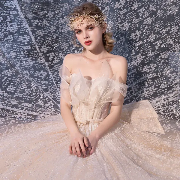 Luxury / Gorgeous Champagne Wedding Dresses 2020 A-Line / Princess Off-The-Shoulder Short Sleeve Backless Bow Sash Glitter Tulle Beading Court Train Ruffle
