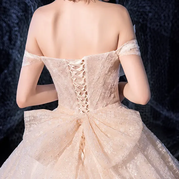 Luxury / Gorgeous Champagne Wedding Dresses 2020 A-Line / Princess Off-The-Shoulder Short Sleeve Backless Bow Sash Glitter Tulle Beading Court Train Ruffle