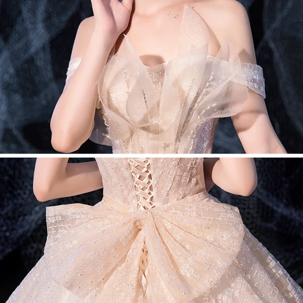 Luxury / Gorgeous Champagne Wedding Dresses 2020 A-Line / Princess Off-The-Shoulder Short Sleeve Backless Bow Sash Glitter Tulle Beading Court Train Ruffle