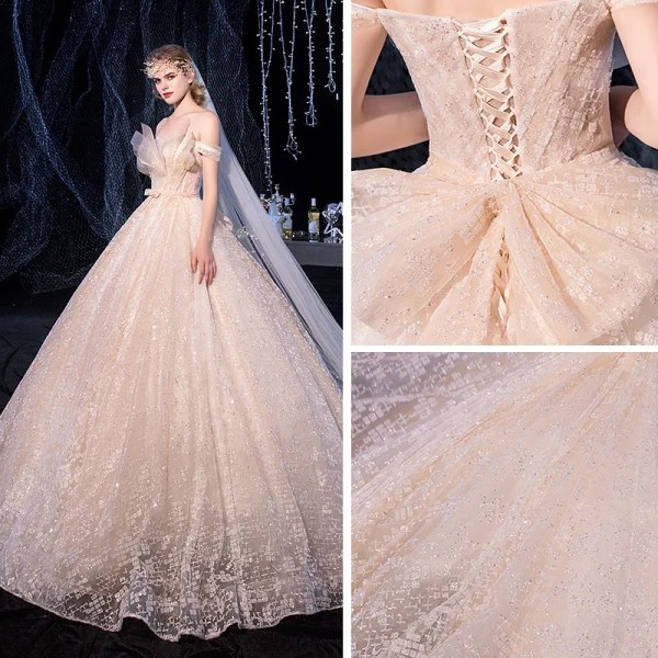 Luxury / Gorgeous Champagne Wedding Dresses 2020 A-Line / Princess Off-The-Shoulder Short Sleeve Backless Bow Sash Glitter Tulle Beading Court Train Ruffle