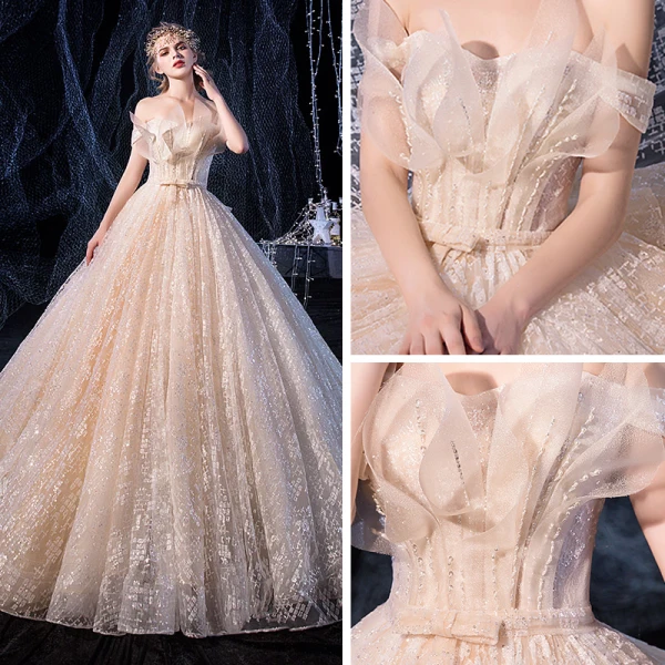 Luxury / Gorgeous Champagne Wedding Dresses 2020 A-Line / Princess Off-The-Shoulder Short Sleeve Backless Bow Sash Glitter Tulle Beading Court Train Ruffle