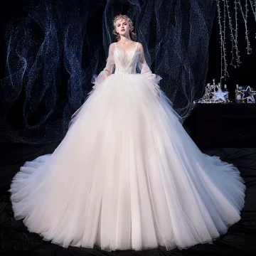 Charmig Elfenben Bröllopsklänningar 2020 Balklänning Älskling Avtagbar Långärmad Halterneck Glittriga Glitter Tyll Appliqués Spets Beading Cathedral Train Ruffle