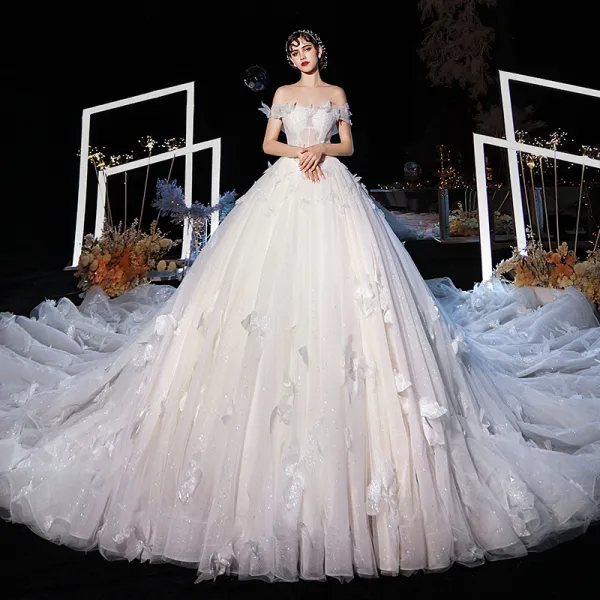 Luxury / Gorgeous Champagne Wedding Dresses 2020 Ball Gown Off-The-Shoulder Short Sleeve Backless Butterfly Appliques Lace Glitter Tulle Beading Cathedral Train Ruffle