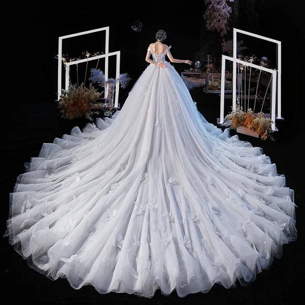 Luxury / Gorgeous Champagne Wedding Dresses 2020 Ball Gown Off-The-Shoulder Short Sleeve Backless Butterfly Appliques Lace Glitter Tulle Beading Cathedral Train Ruffle