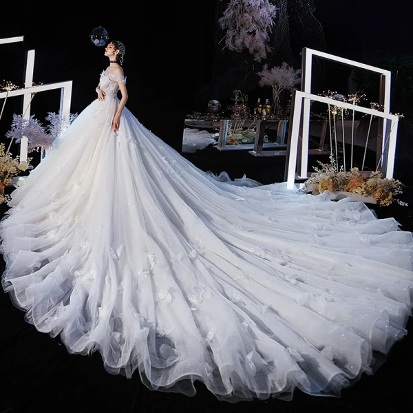 Luxury / Gorgeous Champagne Wedding Dresses 2020 Ball Gown Off-The-Shoulder Short Sleeve Backless Butterfly Appliques Lace Glitter Tulle Beading Cathedral Train Ruffle