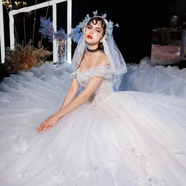 Luxury / Gorgeous Champagne Wedding Dresses 2020 Ball Gown Off-The-Shoulder Short Sleeve Backless Butterfly Appliques Lace Glitter Tulle Beading Cathedral Train Ruffle