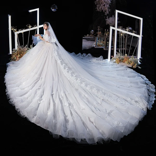 Luxury / Gorgeous Champagne Wedding Dresses 2020 Ball Gown Off-The-Shoulder Short Sleeve Backless Butterfly Appliques Lace Glitter Tulle Beading Cathedral Train Ruffle