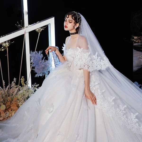 Luxury / Gorgeous Champagne Wedding Dresses 2020 Ball Gown Off-The-Shoulder Short Sleeve Backless Butterfly Appliques Lace Glitter Tulle Beading Cathedral Train Ruffle