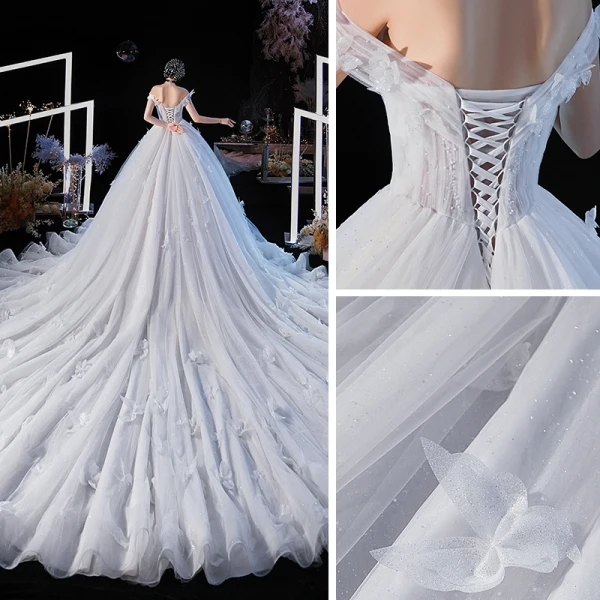 Luxury / Gorgeous Champagne Wedding Dresses 2020 Ball Gown Off-The-Shoulder Short Sleeve Backless Butterfly Appliques Lace Glitter Tulle Beading Cathedral Train Ruffle