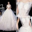 Luxury / Gorgeous Champagne Wedding Dresses 2020 Ball Gown Off-The-Shoulder Short Sleeve Backless Butterfly Appliques Lace Glitter Tulle Beading Cathedral Train Ruffle