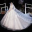 Illusion Champagne Transparentes Robe De Mariée 2020 Robe Boule V-Cou 3/4 Manches Dos Nu Appliques En Dentelle Perlage Cathedral Train Volants