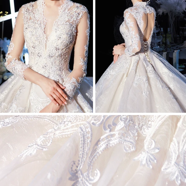 Illusion Champagne Transparentes Robe De Mariée 2020 Robe Boule V-Cou 3/4 Manches Dos Nu Appliques En Dentelle Perlage Cathedral Train Volants