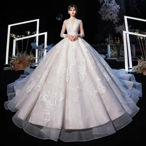 Illusion Champagne See Through Wedding Dresses 2020 Ball Gown V Neck 3 4 Sleeve Backless Appliques Lace Beading Cathedral Train Ruffle