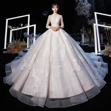 Illusion Champagne See Through Wedding Dresses 2020 Ball Gown V Neck 3 4 Sleeve Backless Appliques Lace Beading Cathedral Train Ruffle