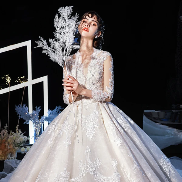 Illusion Champagne Transparentes Robe De Mariée 2020 Robe Boule V-Cou 3/4 Manches Dos Nu Appliques En Dentelle Perlage Cathedral Train Volants