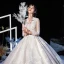 Illusion Champagne Transparentes Robe De Mariée 2020 Robe Boule V-Cou 3/4 Manches Dos Nu Appliques En Dentelle Perlage Cathedral Train Volants