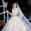 Illusion Champagne Transparentes Robe De Mariée 2020 Robe Boule V-Cou 3/4 Manches Dos Nu Appliques En Dentelle Perlage Cathedral Train Volants