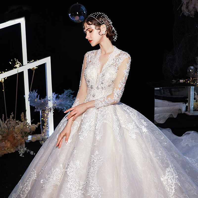 white christmas dresses Champagne Wedding Dress Long Sleeves Ball Gown Ivory Lace Emboridery