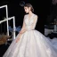 Illusion Champagne Transparentes Robe De Mariée 2020 Robe Boule V-Cou 3/4 Manches Dos Nu Appliques En Dentelle Perlage Cathedral Train Volants