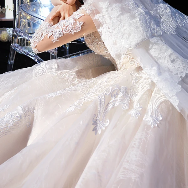 Illusion Champagne Transparentes Robe De Mariée 2020 Robe Boule V-Cou 3/4 Manches Dos Nu Appliques En Dentelle Perlage Cathedral Train Volants