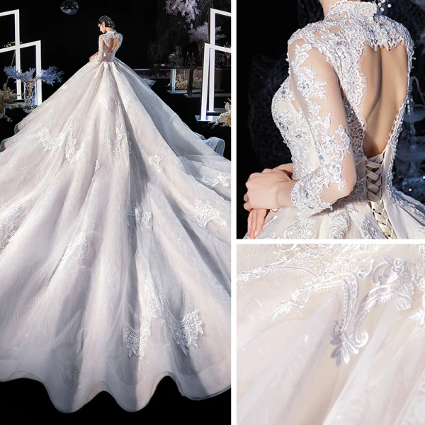 Illusion Champagne Transparentes Robe De Mariée 2020 Robe Boule V-Cou 3/4 Manches Dos Nu Appliques En Dentelle Perlage Cathedral Train Volants