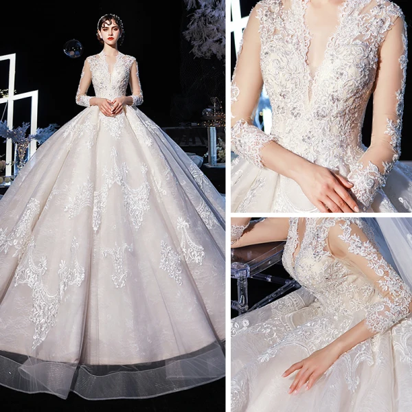 Illusion Champagne Transparentes Robe De Mariée 2020 Robe Boule V-Cou 3/4 Manches Dos Nu Appliques En Dentelle Perlage Cathedral Train Volants